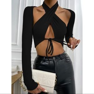 Black Cross Wrap Tie Front Crop Halter Top & Bolero